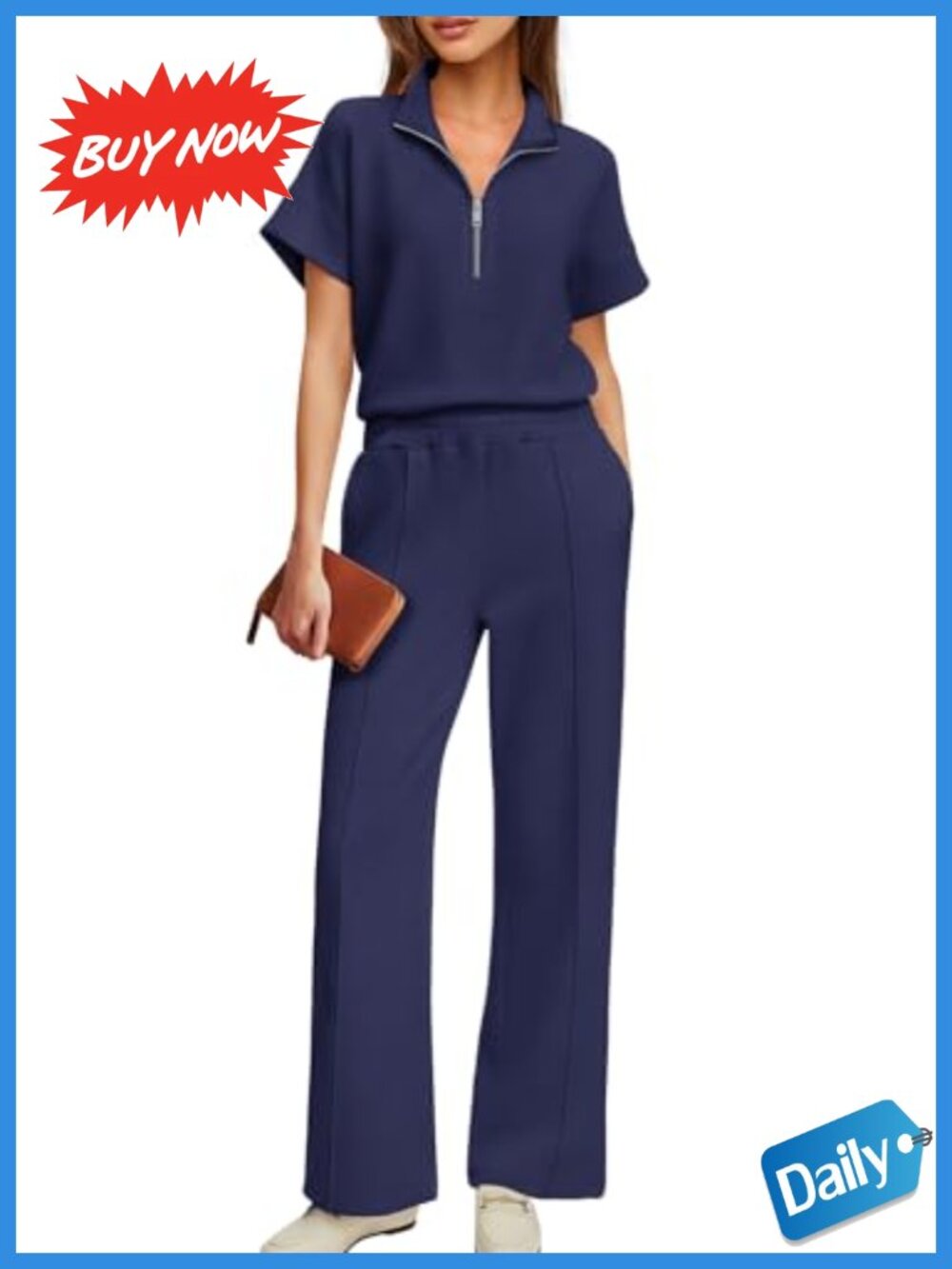 2 Piece Lounge Set Half Zip Wide Leg Pants Travel Outfit with Pockets